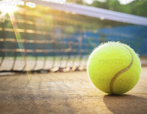 AI generated image showing a tennis ball closeup in sunny court ambiance