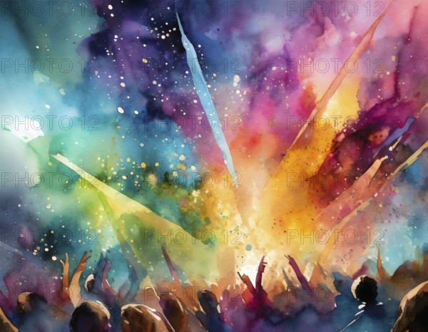 AI generated image showing a colorful illuminated event including audience, watercolor style with splashes and spots