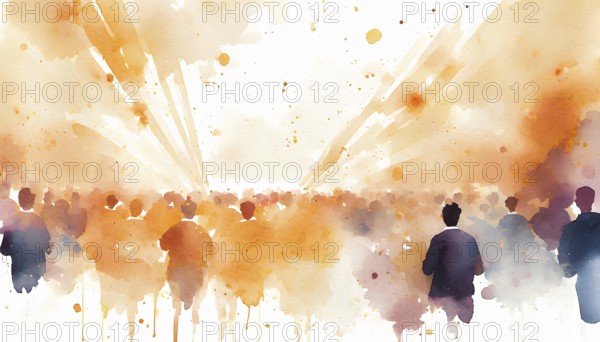 AI generated image showing a colorful illuminated event including audience, watercolor style with splashes and spots