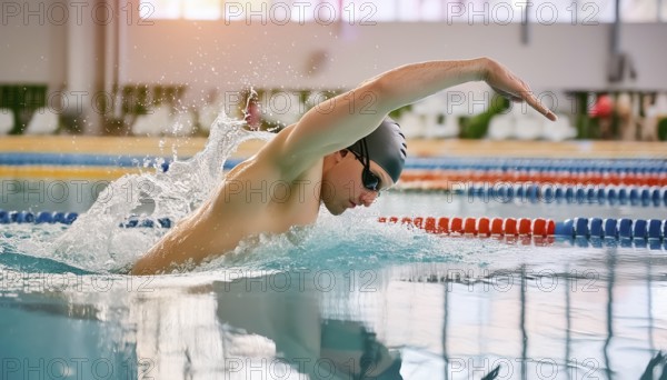 AI generated image showing a competitive swimmer closeup