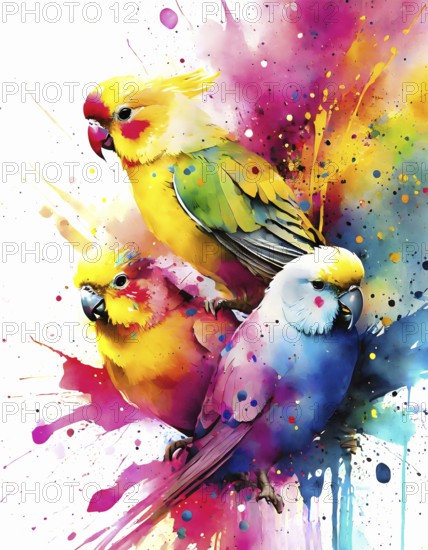 Animal, pet and wildlife theme showing some parakeets in multicolored vibrant splashy ambiance. AI generated image with lots of paint splashes, splatter and spots