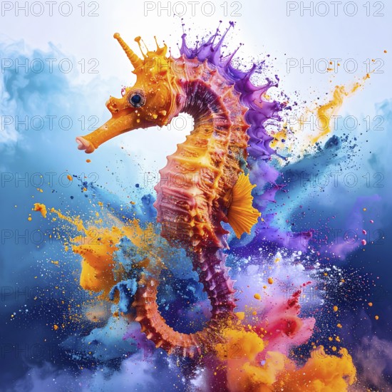 Animal and wildlife theme showing a seahorse in multicolored vibrant splashy ambiance. AI generated image with lots of paint splashes, splatter and spots