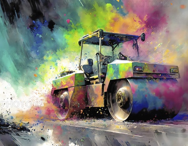 Construction theme showing a road roller in multicolored vibrant splashy ambiance. AI generated image with lots of paint splashes, splatter and spots