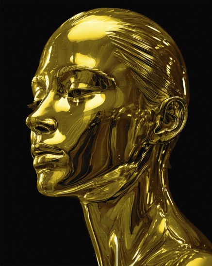 AI-generated image showing a glossy golden human head in dark back, AI generated