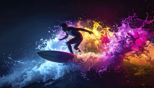 Surfing theme showing a surfer in multicolored vibrant splashy ambiance. AI generated image with lots of splashes, splatter and spots