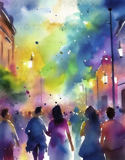 AI generated image showing a colorful illuminated downtown party at evening time, watercolor style with splashes and spots