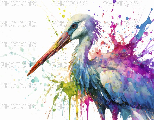 Wildlife and animal theme showing a stork in multicolored vibrant splashy ambiance. AI generated image with lots of paint splashes, splatter and spots
