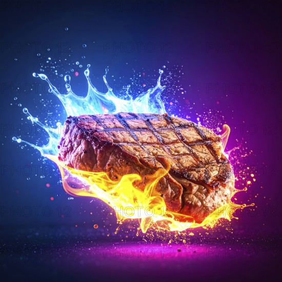 Cooking and cuisine theme showing a rosted steak in multicolored vibrant splashy ambiance. AI generated image with lots of fiery splashes, splatter and spots