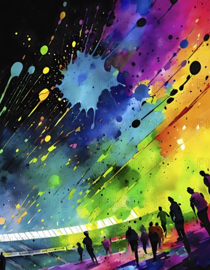 Event theme showing a stadium with lots of spectators in multicolored vibrant splashy ambiance. AI generated image with lots of paint splashes, splatter and spots