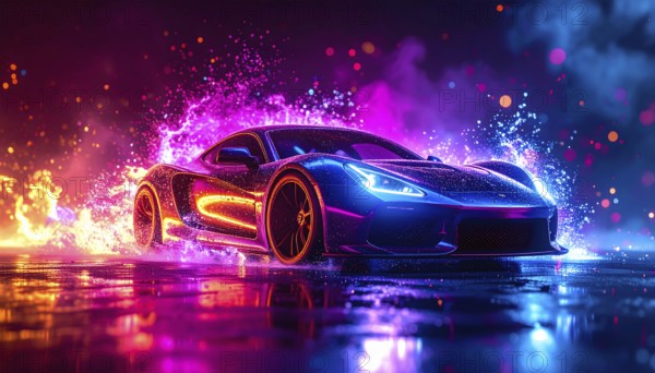 Flashy racing car in multicolored vibrant splashy ambiance. AI generated image with lots of splashes, splatter and spots