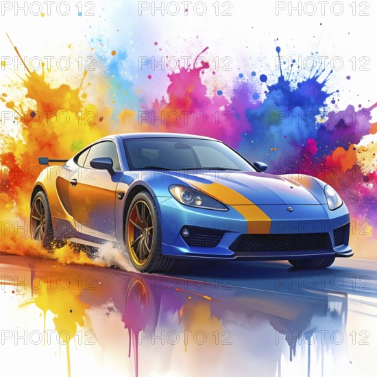 Flashy racing car in multicolored vibrant splashy ambiance. AI generated image with lots of splashes, splatter and spots