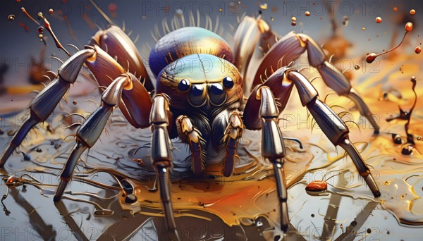 Animal and Halloween theme showing a spider in multicolored vibrant splashy ambiance. AI generated image with lots of paint splashes, splatter and spots
