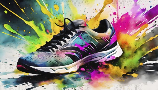 Sports theme showing a modern sneaker shoe in multicolored vibrant splashy ambiance. AI generated image with lots of paint splashes, splatter and spots