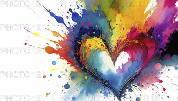 Love theme theme showing a heart symbol in multicolored vibrant splashy ambiance. AI generated image with lots of paint splashes, splatter and spots