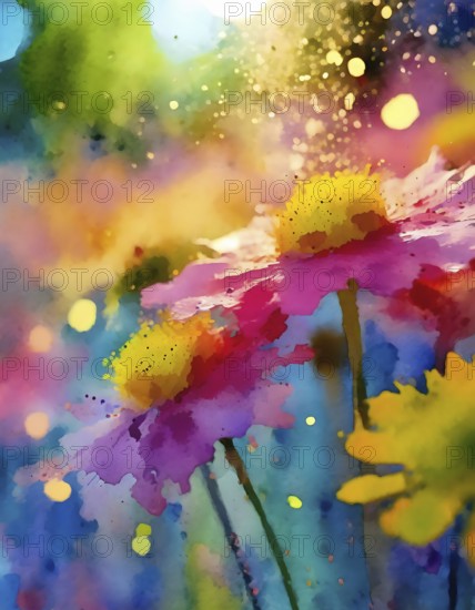 Beauty in nature theme showing some flower heads in multicolored vibrant splashy ambiance. AI generated image with lots of paint splashes, splatter and spots