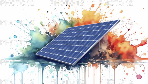 Photovoltaic theme showing a solar panel in multicolored vibrant splashy ambiance. AI generated image with lots of paint splashes, splatter and spots
