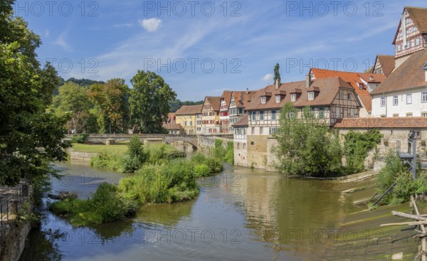 City view of a town named Schwaebisch Hall in Southern Germany at summer time