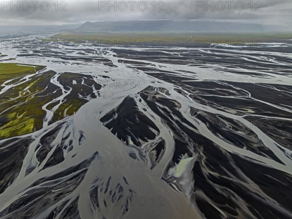 River, river course, river delta, wild river, mountains, cloudy, branched, aerial view, South Iceland, Iceland