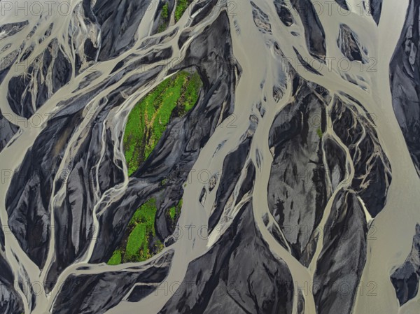 River, river course, river delta, wild river, branched, aerial view, South Iceland, Iceland