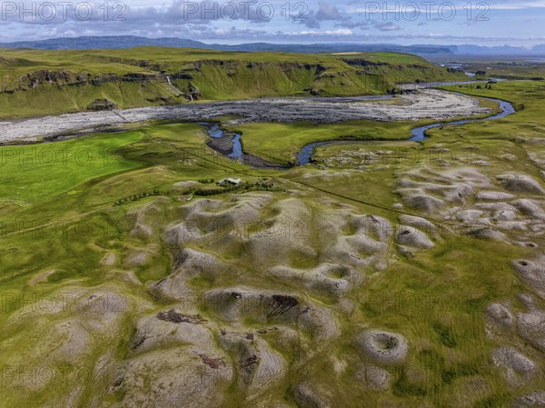 River, river course, volcanic landscape, mountains, crater, sunny, summer, aerial view, Kirkjubaerklaustur, Iceland