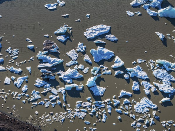 Ice floes, glacial lake, sunny, aerial view, summer, Kviarjökull, Vatnajökull, Iceland