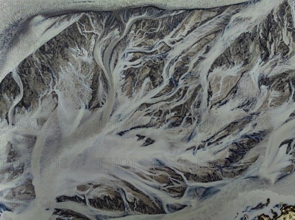 River, river course, branched, cloudy, summer, aerial view, Kirkjubaerklaustur, Iceland