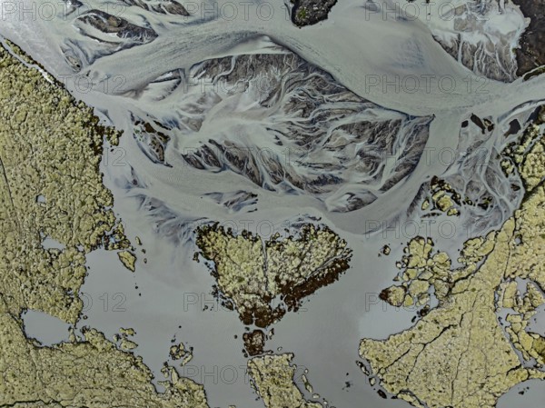 Lava, mosses, river, river course, branched, cloudy, summer, aerial view, Kirkjubaerklaustur, Iceland