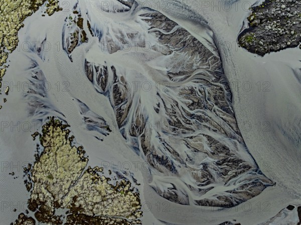 Lava, mosses, river, river course, branched, cloudy, summer, aerial view, Kirkjubaerklaustur, Iceland