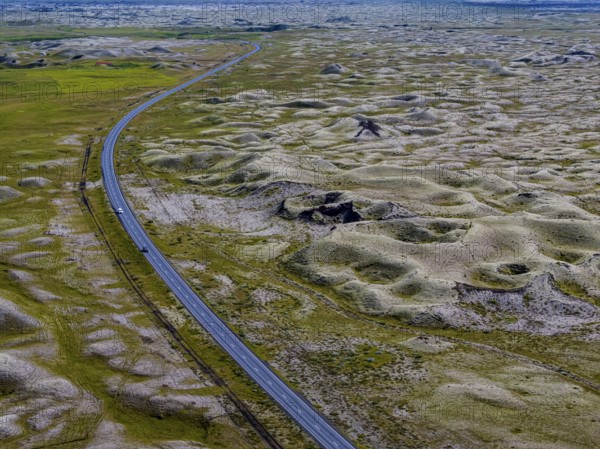 Road, volcanic landscape, mountains, crater, sunny, summer, aerial view, Ringroad, Kirkjubaerklaustur, Iceland