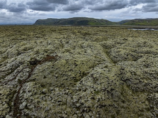 Lava, mosses, volcanic landscape, cloudy, mountains, summer, aerial view, Eldhraun, Kirkjubaerklaustur, Iceland