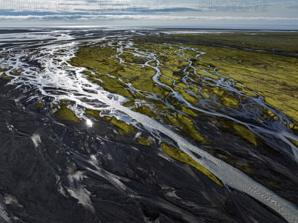 River, river course, river delta, branched, sunny, backlight, aerial view, summer, south-east Iceland, Iceland