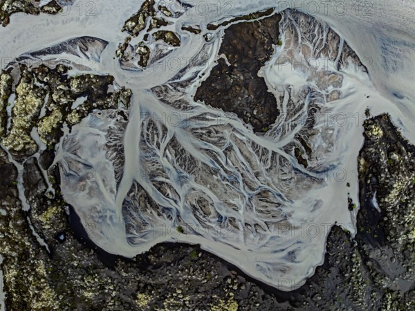 Lava, mosses, river, river course, branched, cloudy, summer, aerial view, Kirkjubaerklaustur, Iceland