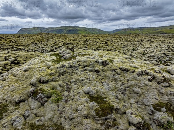 Lava, mosses, mountains, cloudy, summer, aerial view, Eldhraun, Kirkjubaerklaustur, Iceland
