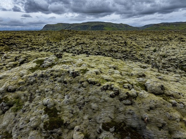 Lava, mosses, mountains, cloudy, summer, aerial view, Eldhraun, Kirkjubaerklaustur, Iceland