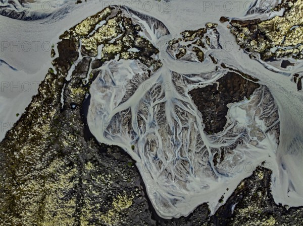 Lava, mosses, river, river course, branched, cloudy, summer, aerial view, Kirkjubaerklaustur, Iceland