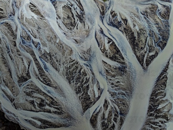 River, river course, branched, cloudy, summer, aerial view, Kirkjubaerklaustur, Iceland