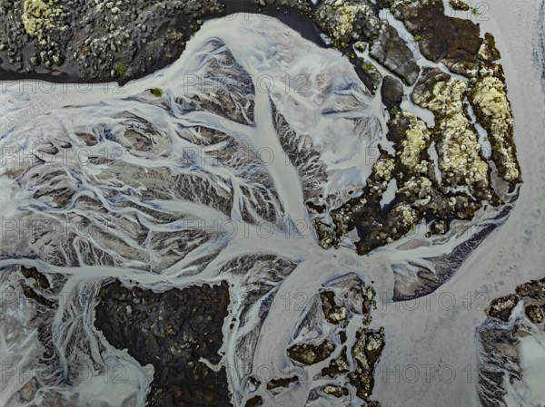 Lava, mosses, river, river course, branched, cloudy, summer, aerial view, Kirkjubaerklaustur, Iceland