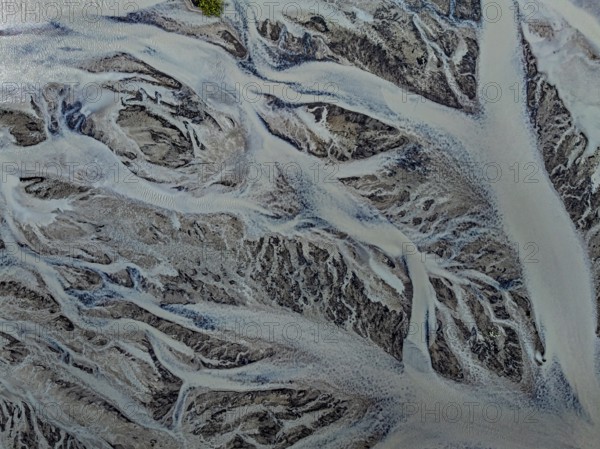 River, river course, branched, cloudy, summer, aerial view, Kirkjubaerklaustur, Iceland