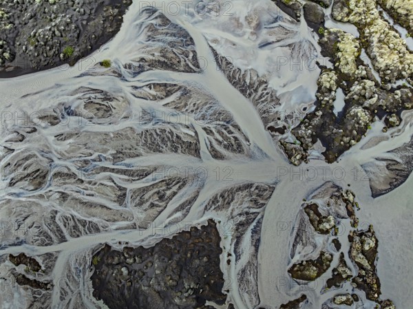 Lava, mosses, river, river course, branched, cloudy, summer, aerial view, Kirkjubaerklaustur, Iceland