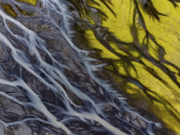 River, river course, river delta, branched, sunny, aerial view, summer, south-east Iceland, Iceland