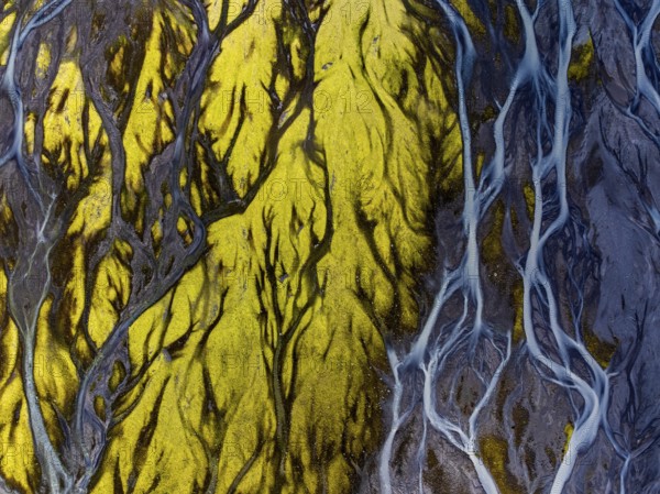 River, river course, river delta, branched, sunny, aerial view, summer, south-east Iceland, Iceland