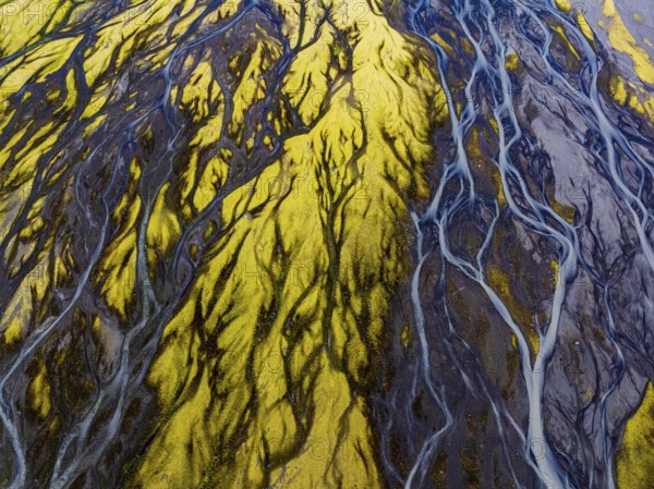 River, river course, river delta, branched, sunny, aerial view, summer, south-east Iceland, Iceland