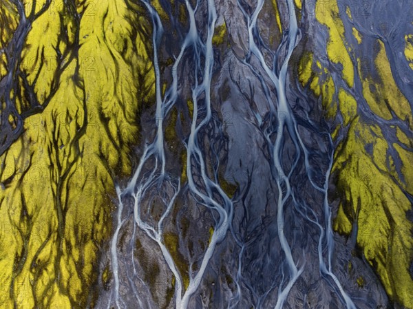 River, river course, river delta, branched, sunny, aerial view, summer, south-east Iceland, Iceland