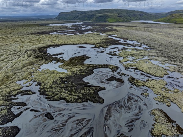 Lava, mosses, volcanic landscape, river, river course, cloudy, mountains, summer, aerial view, Eldhraun, Kirkjubaerklaustur, Iceland