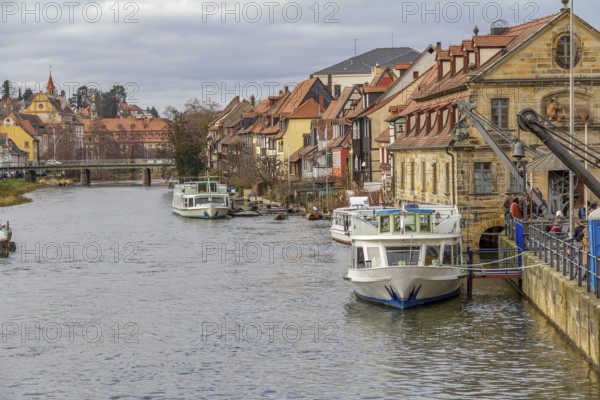 Idyllic riverside scenery in Bamberg, a town in Upper Franconia, Germany