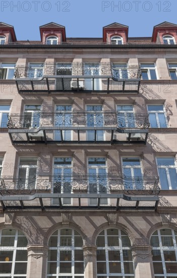 Sunny illuminated detail of a house facade seen in Nuremberg, a city in Bavaria, Germany