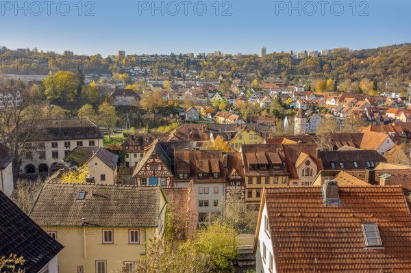 Aerial view of Wertheim, a town in Southern Germany at evening time