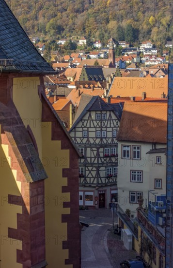 Aerial view of Wertheim, a town in Southern Germany at evening time
