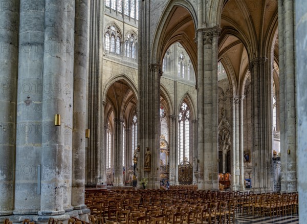 Scenery inside the Amiens Cathedral in Amiens, a city and commune in northern France. It is the capital of the Somme department in the region of Hauts-de-France