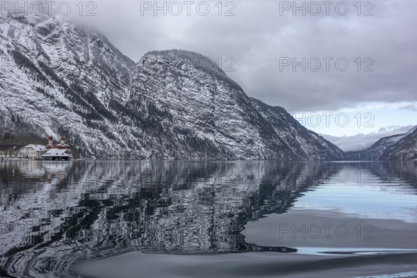 Scenery around a lake named Koenigssee located in the Berchtesgadener Land in Bavaria Germany at winter time